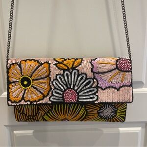 Sequined clutch w/ removable 45” chain 10 x 6 pink orange black